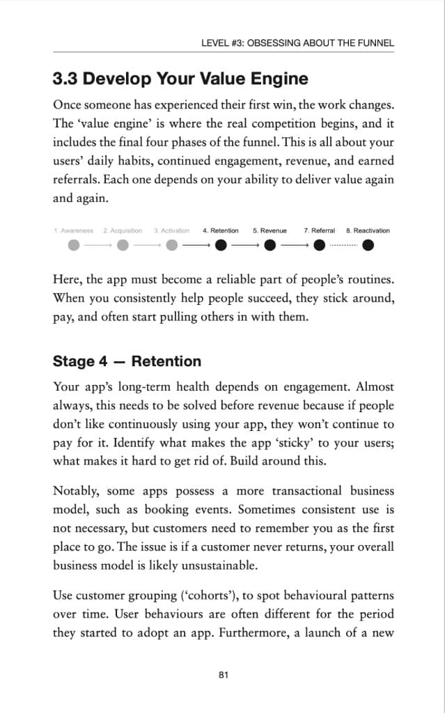 Pocket Winners page 81 — Develop Your Value Engine, covering retention, revenue and referral stages of the funnel